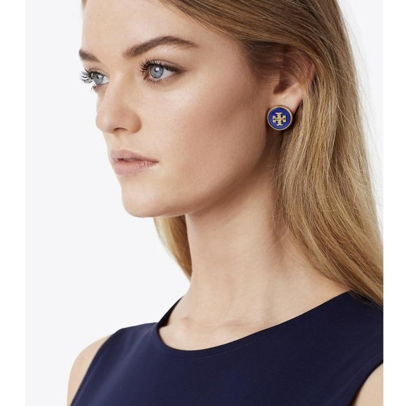 NEW Tory Burch Stud Semi-precious Lapis/Vintage Gold Earrings - Picture 6 of 9